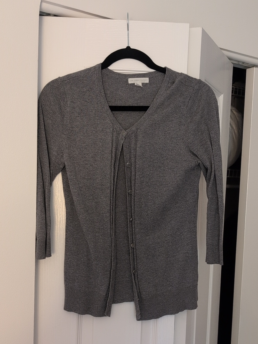 New York & Company Gray Button-Front V-Neck Cardigan